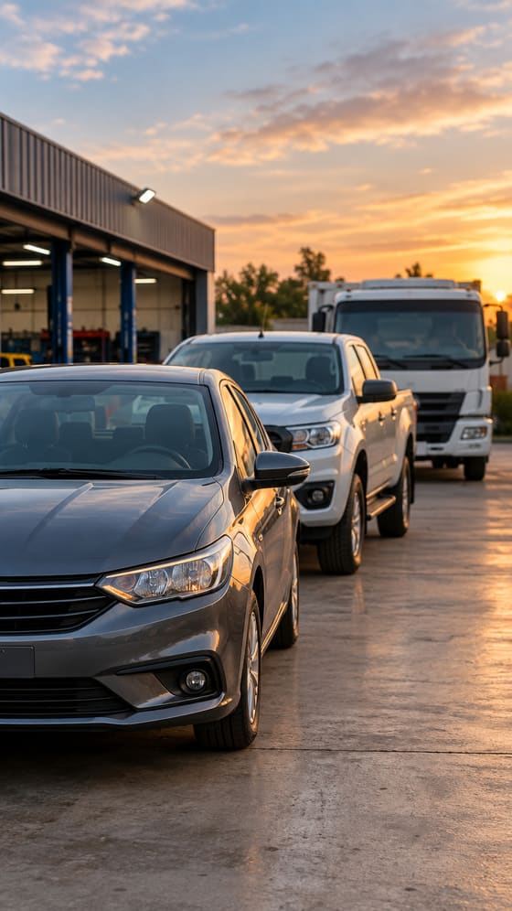 Auto, camioneta y camión en el playón de un taller al atardecer