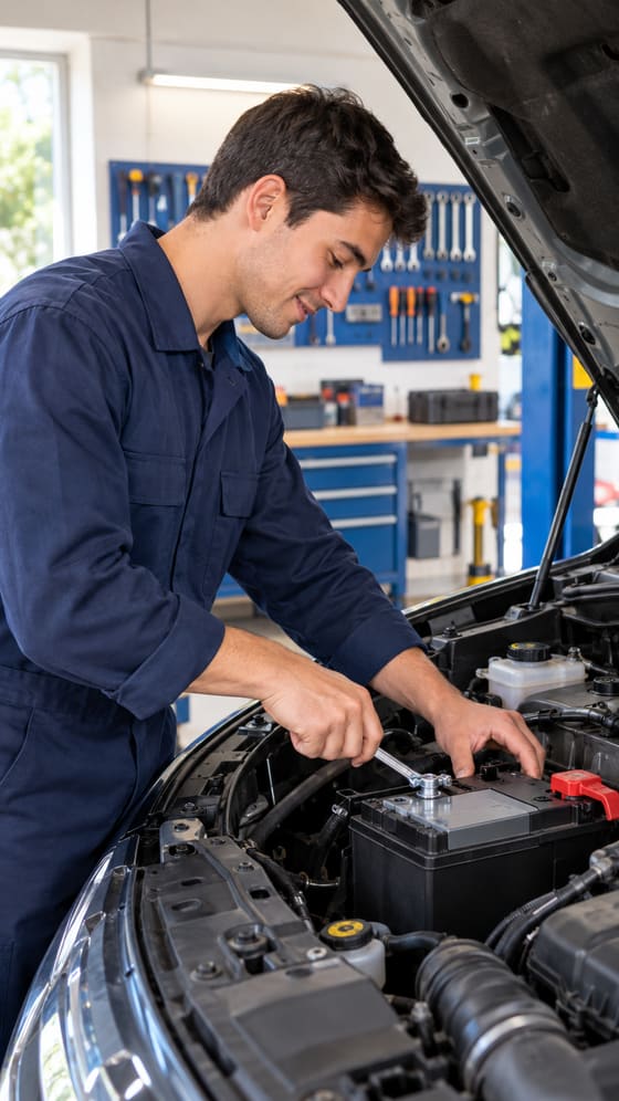 Técnico instalando una batería nueva en el motor de un auto